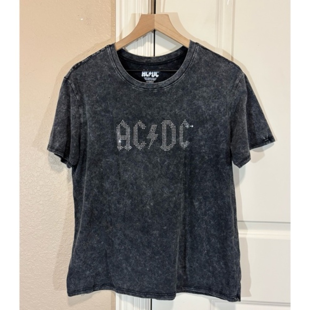 AC/DC Glam Acid Wash Crew Neck Shirt Rhinestones